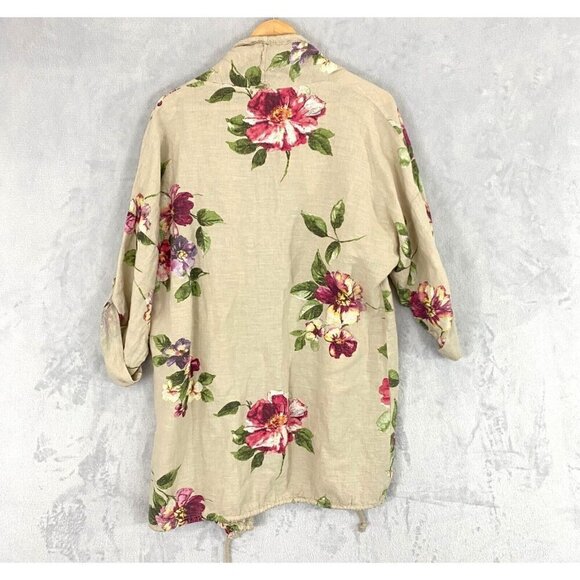 Coral Bay Floral Oversized Linen Open Front Jacket PM Petite Medium Beach Beige - Picture 2 of 16